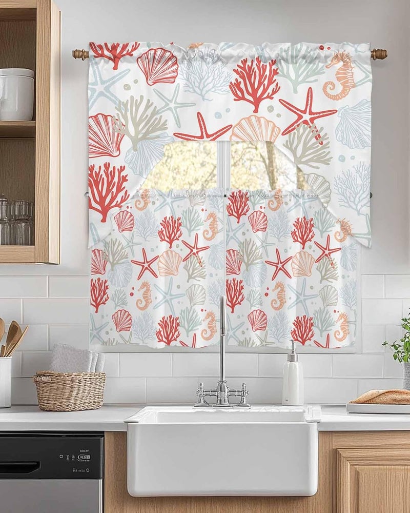 Jolunifun Ocean Orange Red Swag Kitchen Curtain Sets with Valance,3 Pieces Coastal Starfish Coral Shell Marine Curtain Drapes Rod Pocket for Bedroom Bathroom Cafe Windows,56''x36'' & 24''x27.5''x2Panels - Image 2